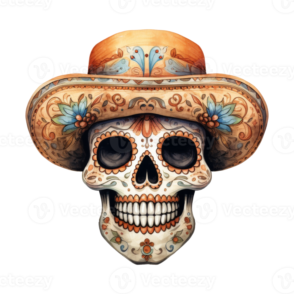 Festive Sugar Skulls Adorned with Colorful Hats png