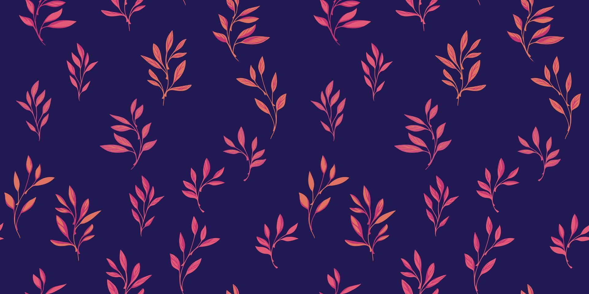 Colorful abstract tiny leaves branches seamless pattern on a dark blue background. hand drawn. Minimalist isolate leaf stems printing. Template for designs, collage, patterned vector