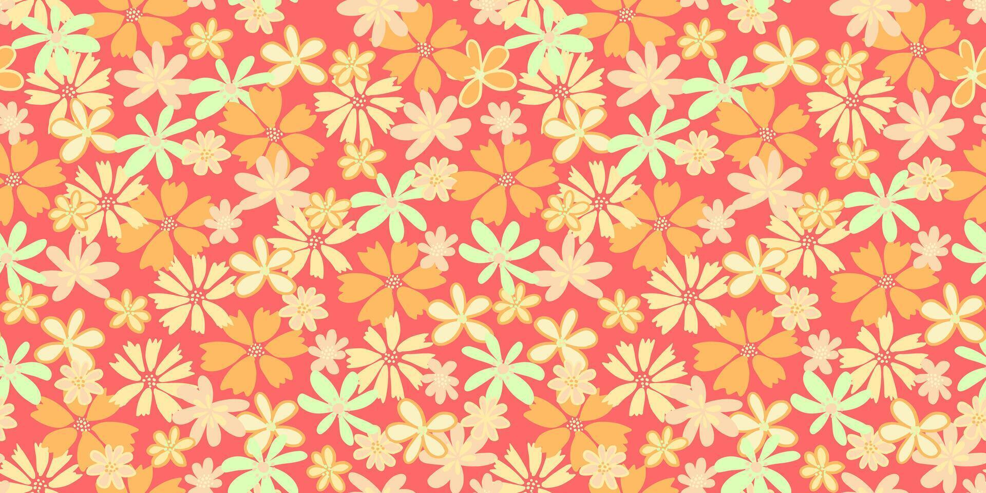 Abstract creative groovy flowers seamless pattern on a red background. hand drawn sketch shapes cute ditsy meadow floral printing. Template for designs, notebook cover, childish textiles vector