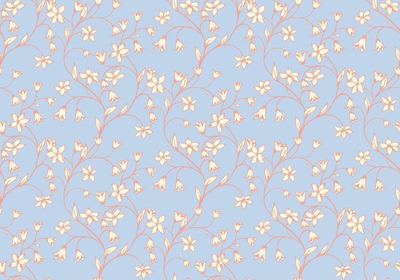 Pastel blue seamless pattern with abstract artistic branches with tiny flowers, bells, small leaves. hand drawing. Creative curved wild floral stems printing. Template for designs vector