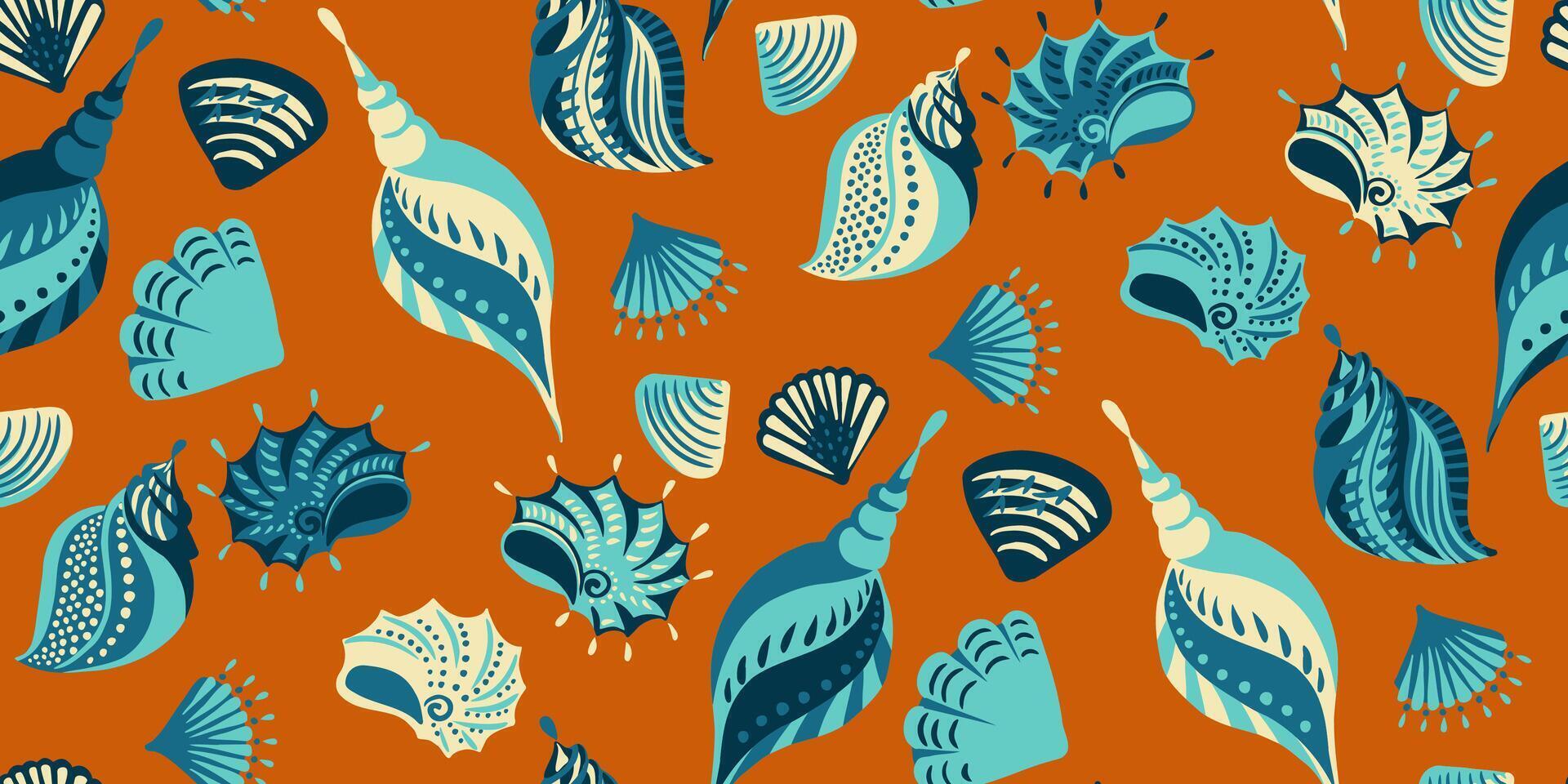 Summer pattern with abstract artistic ocean shell. hand drawn. Colorful sea shells printing. Underwater set. Template for designs, notebook cover, wrapping paper, exotic wallpaper vector