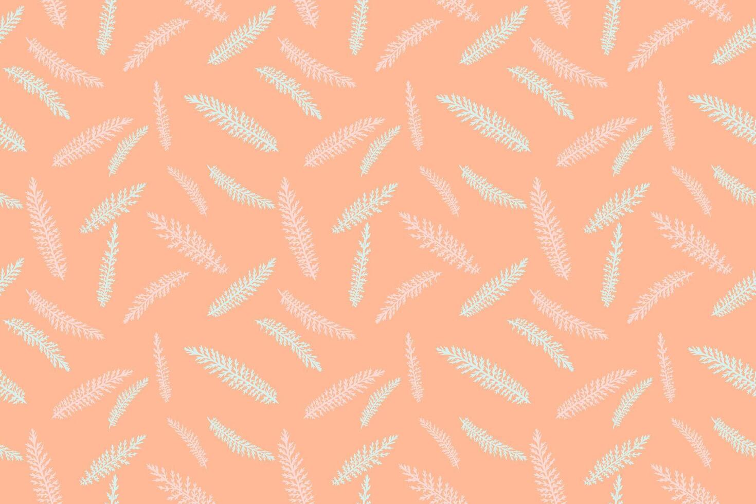 Abstract tiny branches leaves fir random scarlet in a seamless pattern. hand drawn sketch. Minimalist simple flat botanical patterned on a orange peach background.Collage for designs, printing vector