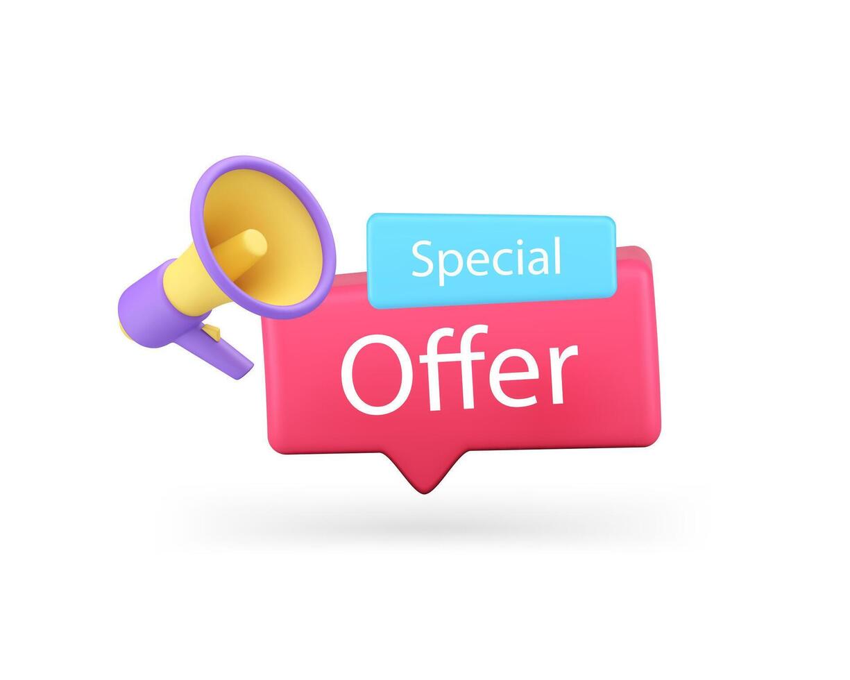 especial oferta compras publicidad márketing anunciar megáfono rápido consejos 3d icono realista vector
