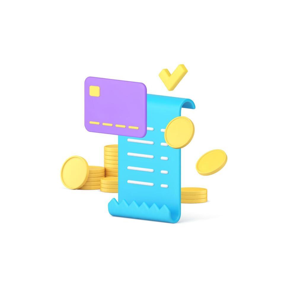 Card payment complete receipt invoice flying golden coin cash money 3d icon realistic vector