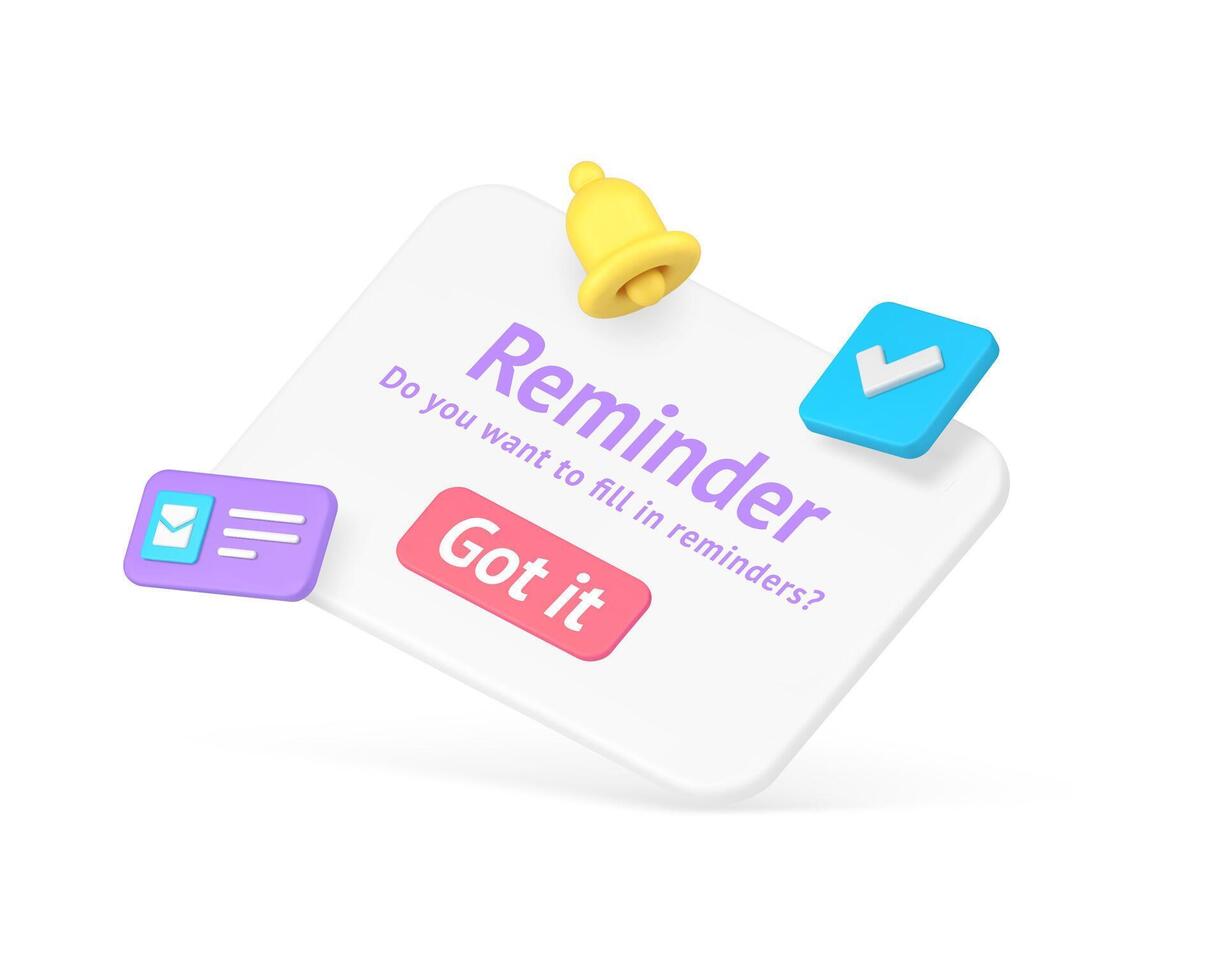 Reminder push notification window settings web application button 3d icon realistic vector