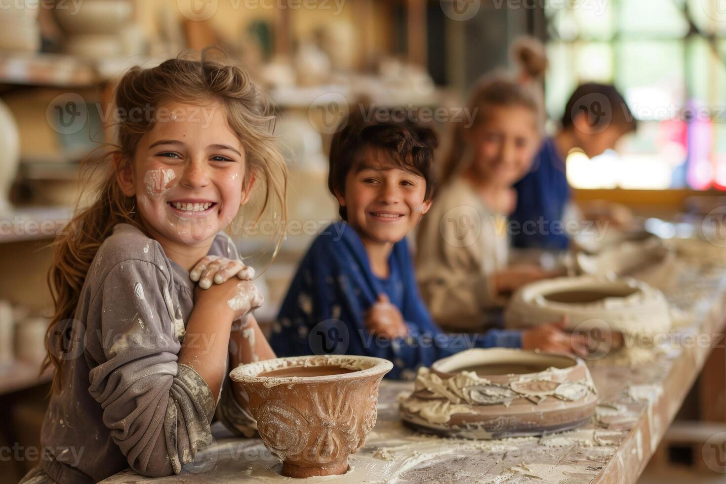 A group of children are sitting at a table in a pottery studio, smiling photo