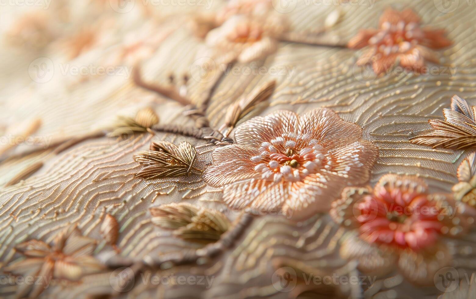 A close up of a flowery embroidered fabric with a pink flower in the center photo