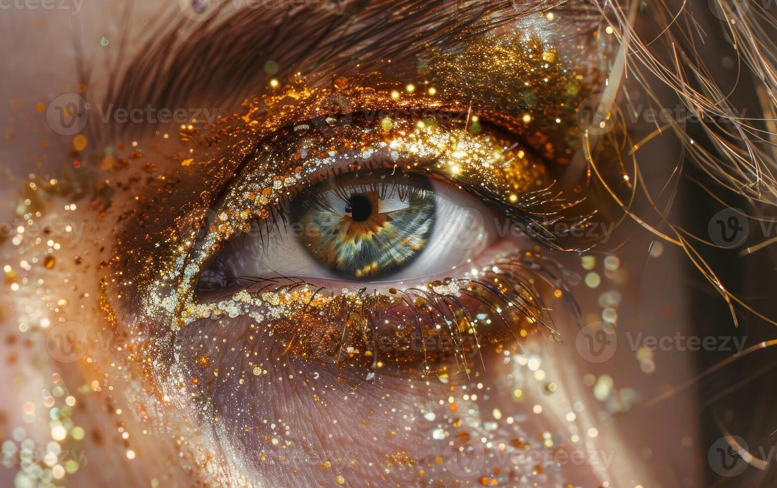 A woman's eye is covered in gold glitter photo