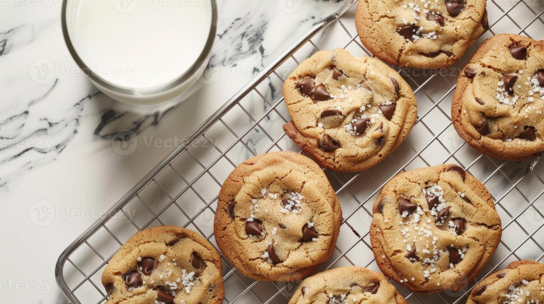 A tray of chocolate chip cookies sits on a counter next to a glass of milk photo