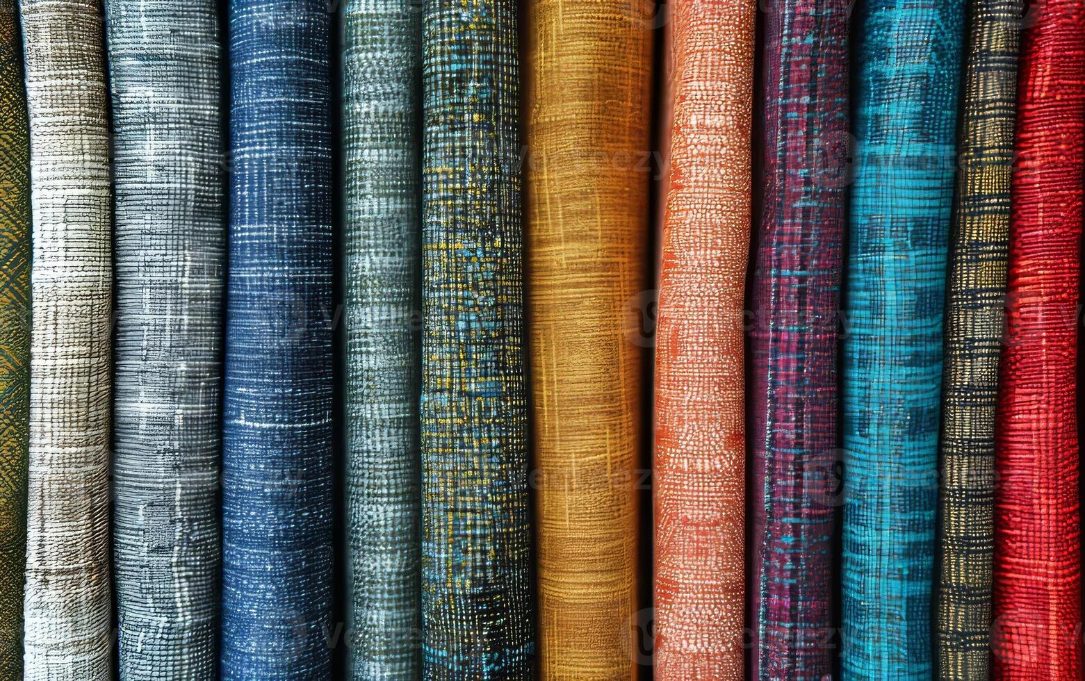 A row of colorful fabric with a variety of patterns and textures photo