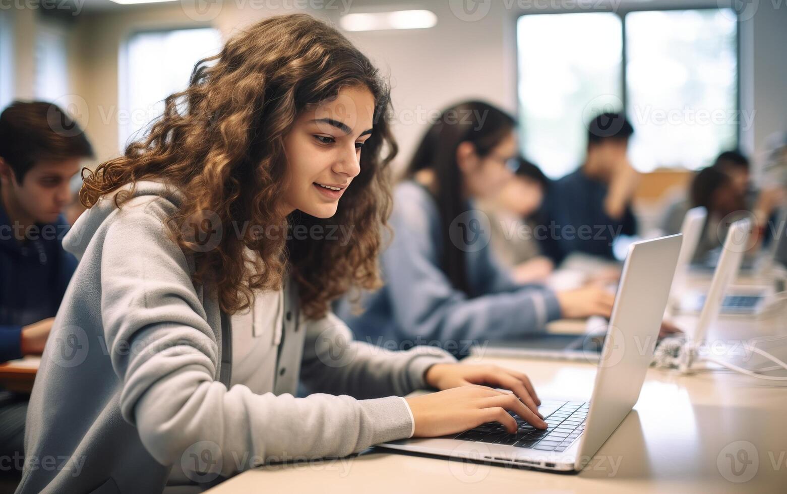 A girl is typing on a laptop in a classroom photo