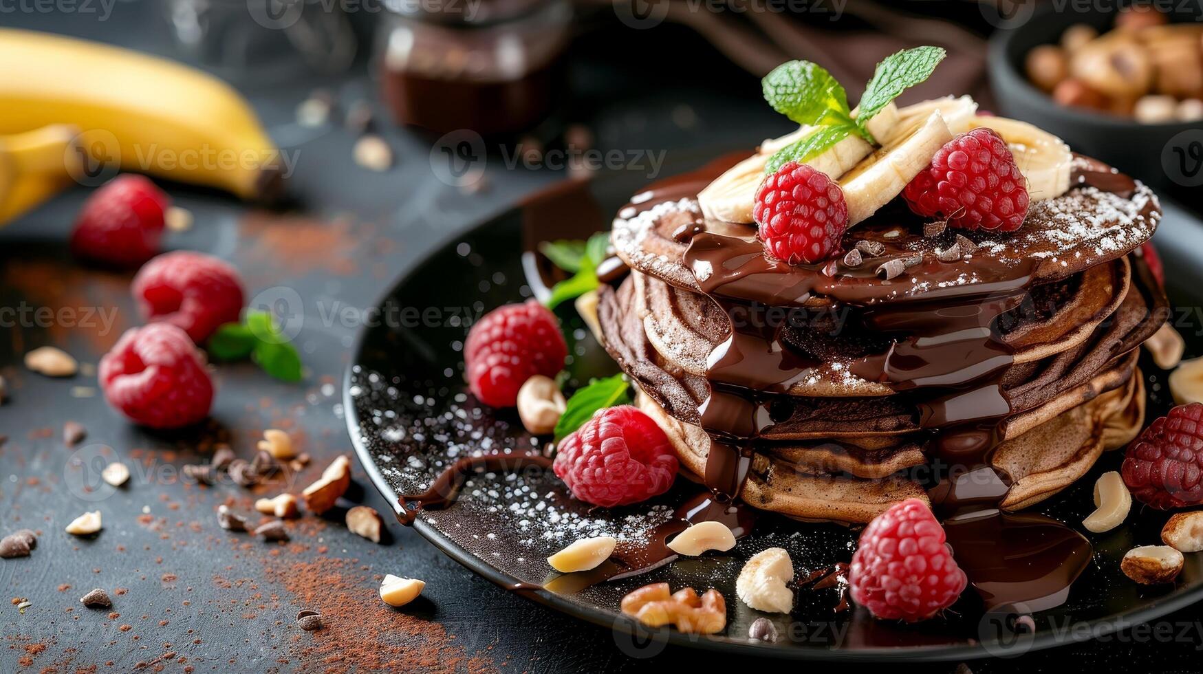 A stack of pancakes with chocolate sauce and raspberries on top photo
