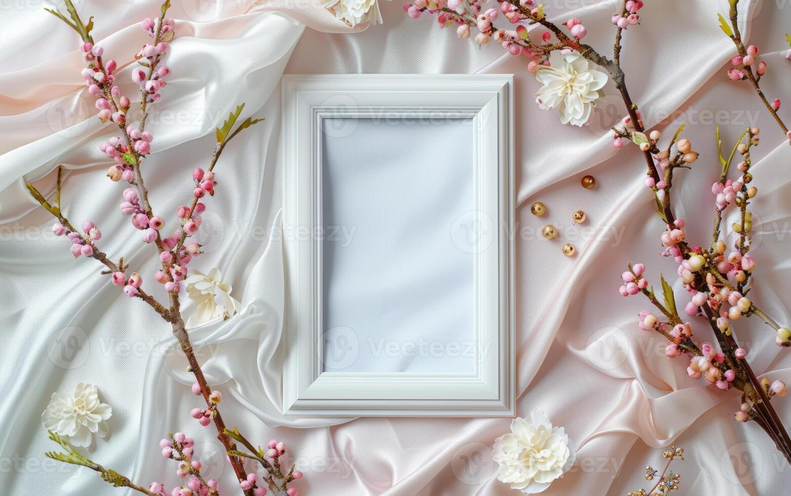 A white frame sits on a bedspread with pink flowers and branches photo