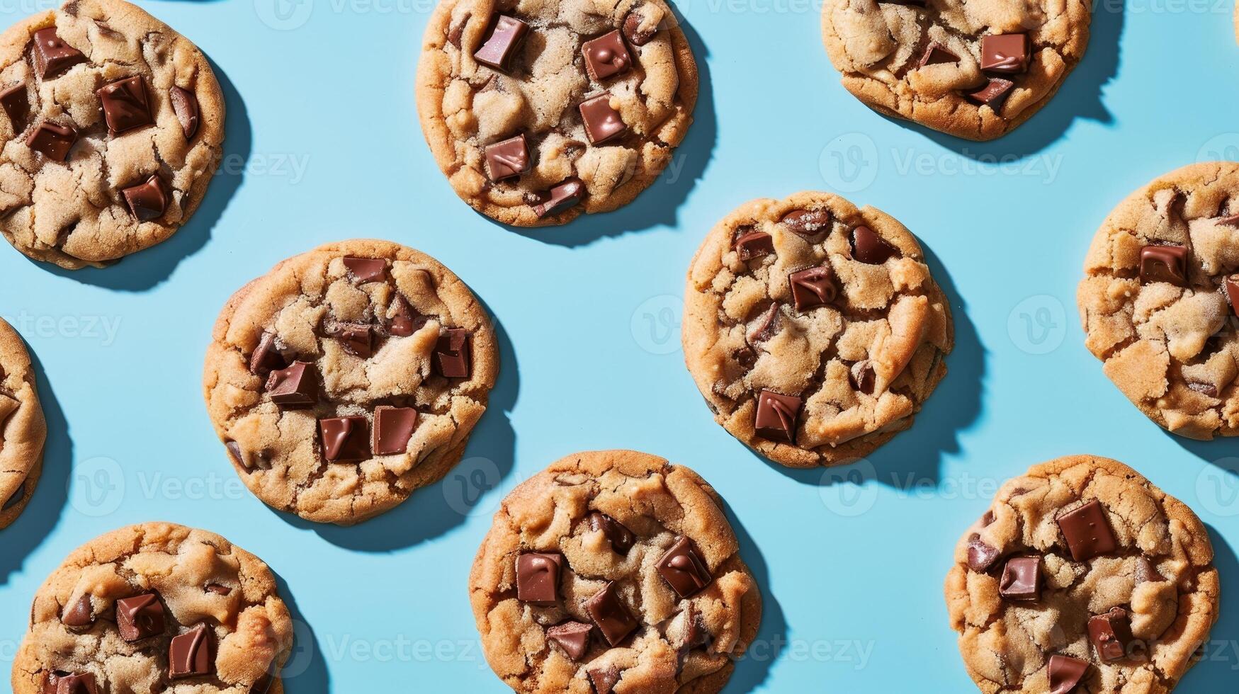A row of chocolate chip cookies on a blue background photo