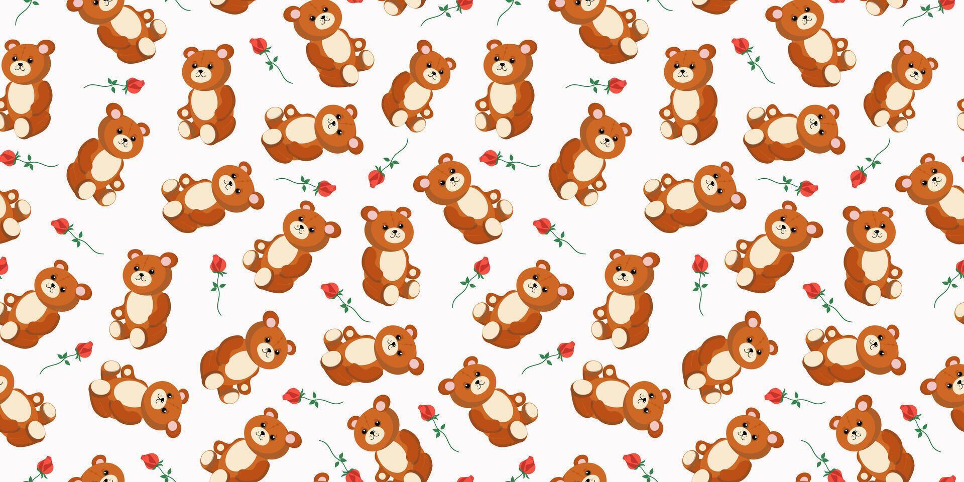 Cute toy bear and flower, rose. Pattern seamless. Teddy bear cartoon, soft toy Teddy. background vector