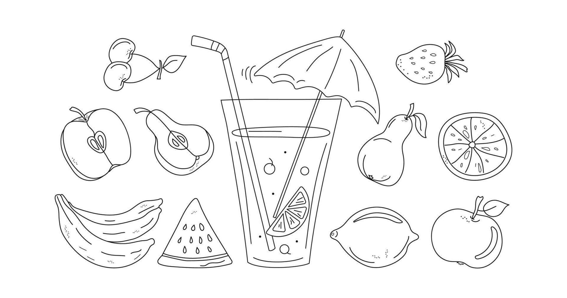 Set abstract fruits. Juicy fruits whole and slices. Juice in glass, fruit cocktail. Food and drinks. Abstract drawings of fruits and berries. Beach bar. Line icons. Scribble. here is an illustration vector