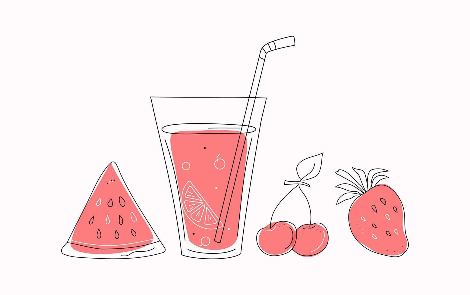 Juice in a glass, fruit cocktail. Food and drinks. Abstract drawings of fruits and berries. Beach bar. Strawberry, watermelon and cherry. Line icons with colored spots. Scribble. illustration vector
