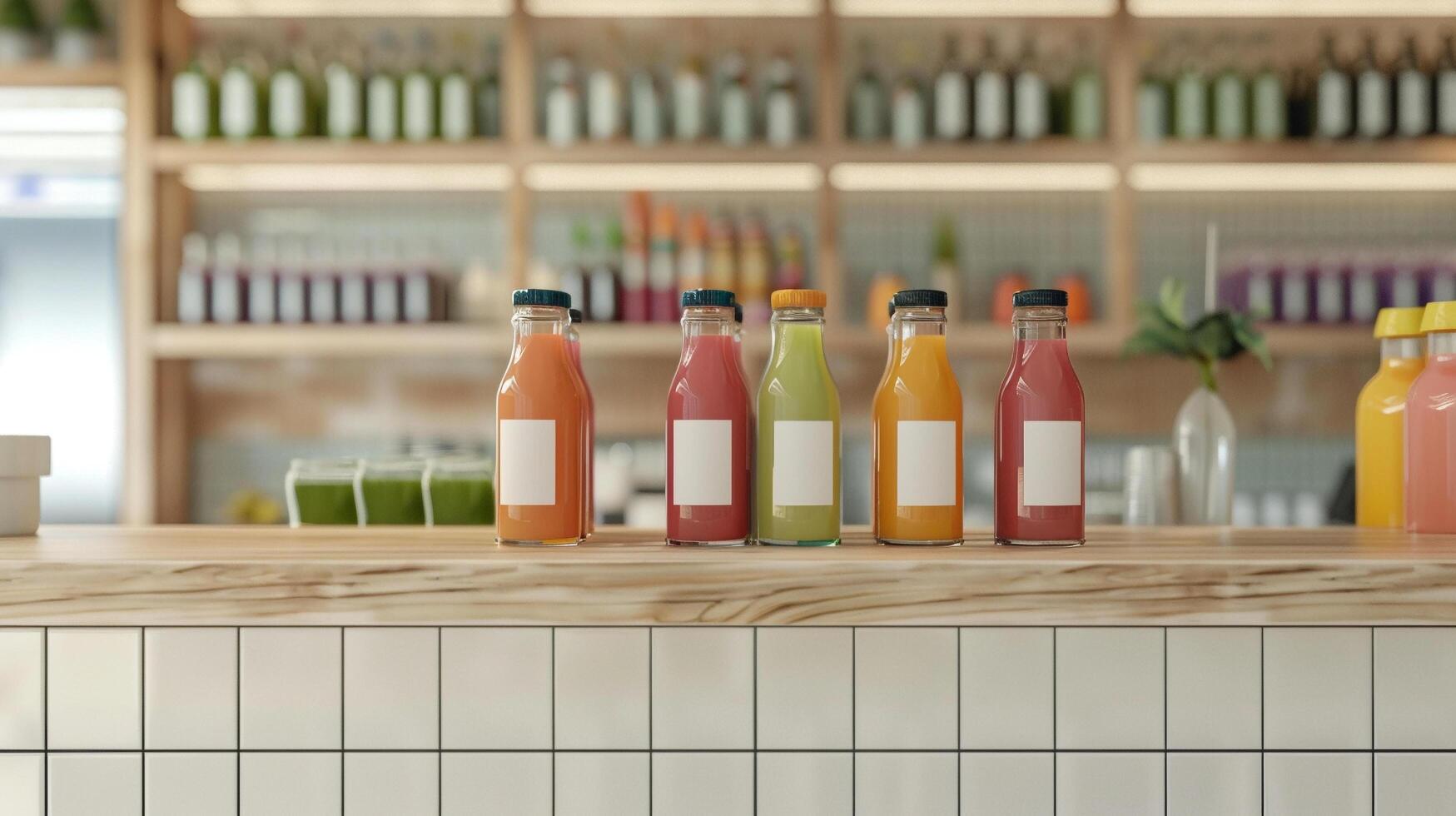 Cold press juice bar counter with blank bottle mockups for fresh juice blends photo