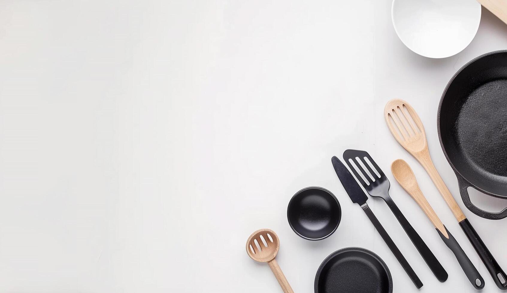 Mockup various kitchenware utensils set on white background, copy space for text and logo photo