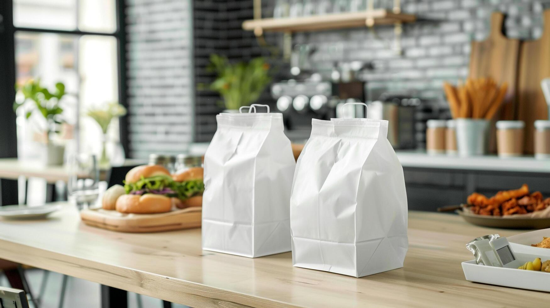 Food delivery service with blank delivery bag mockup for takeout orders photo