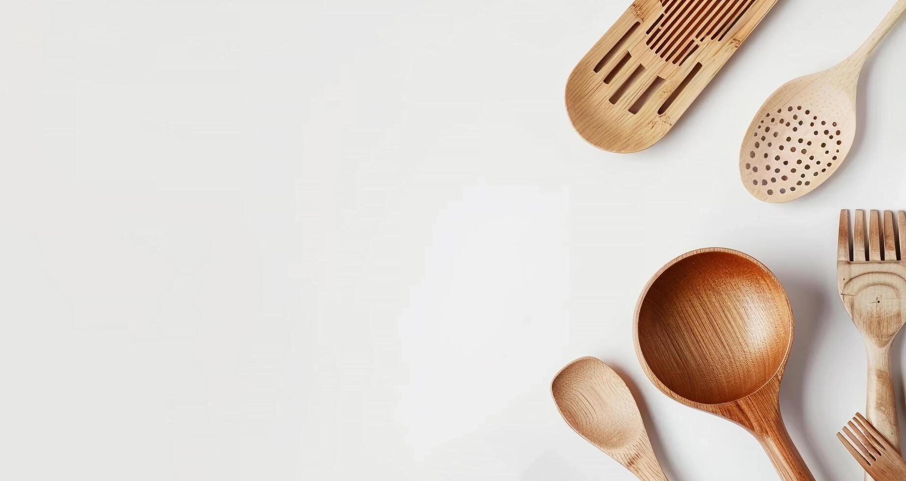 Mockup various kitchenware utensils set on white background, copy space for text and logo photo