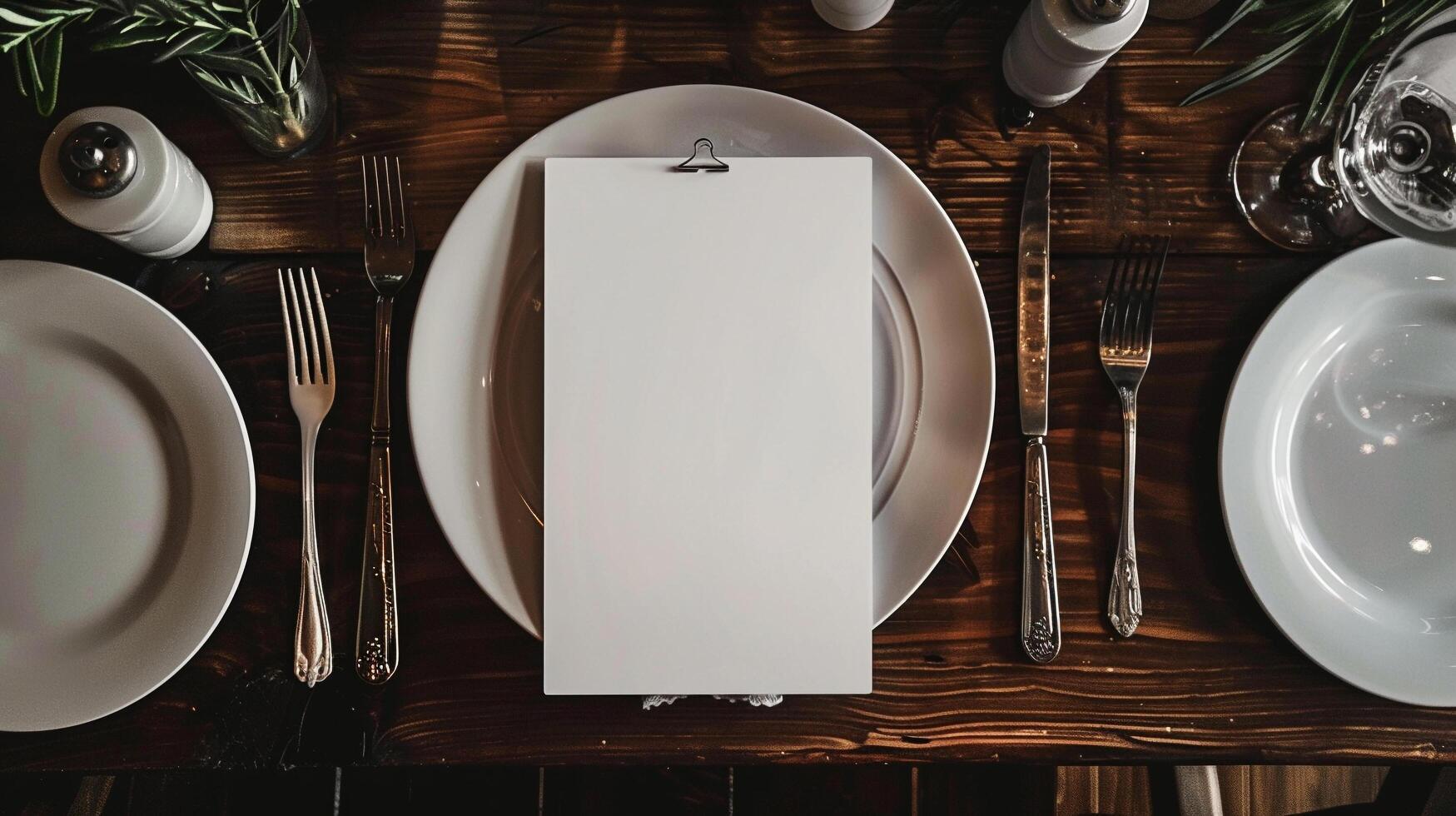 Table place setting blank menu card mockup or reserve in wedding invite and special event photo