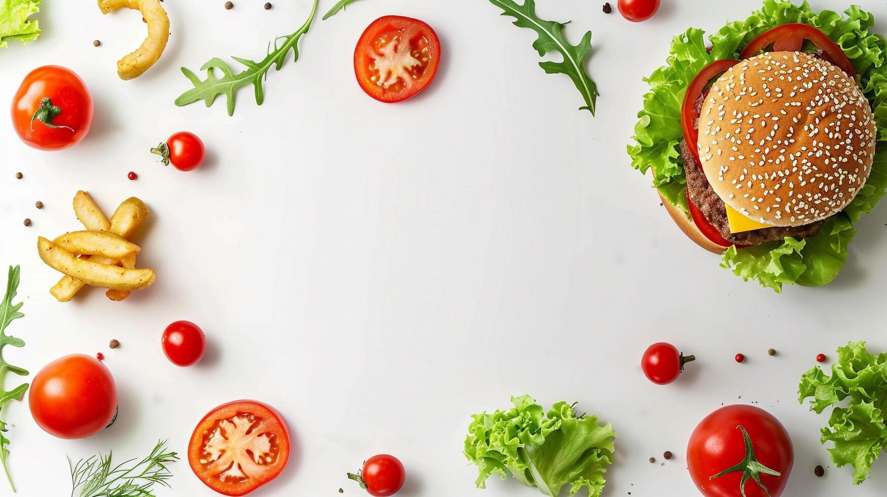 Top view of delicious burger and fresh vegetable ingredients on white background photo