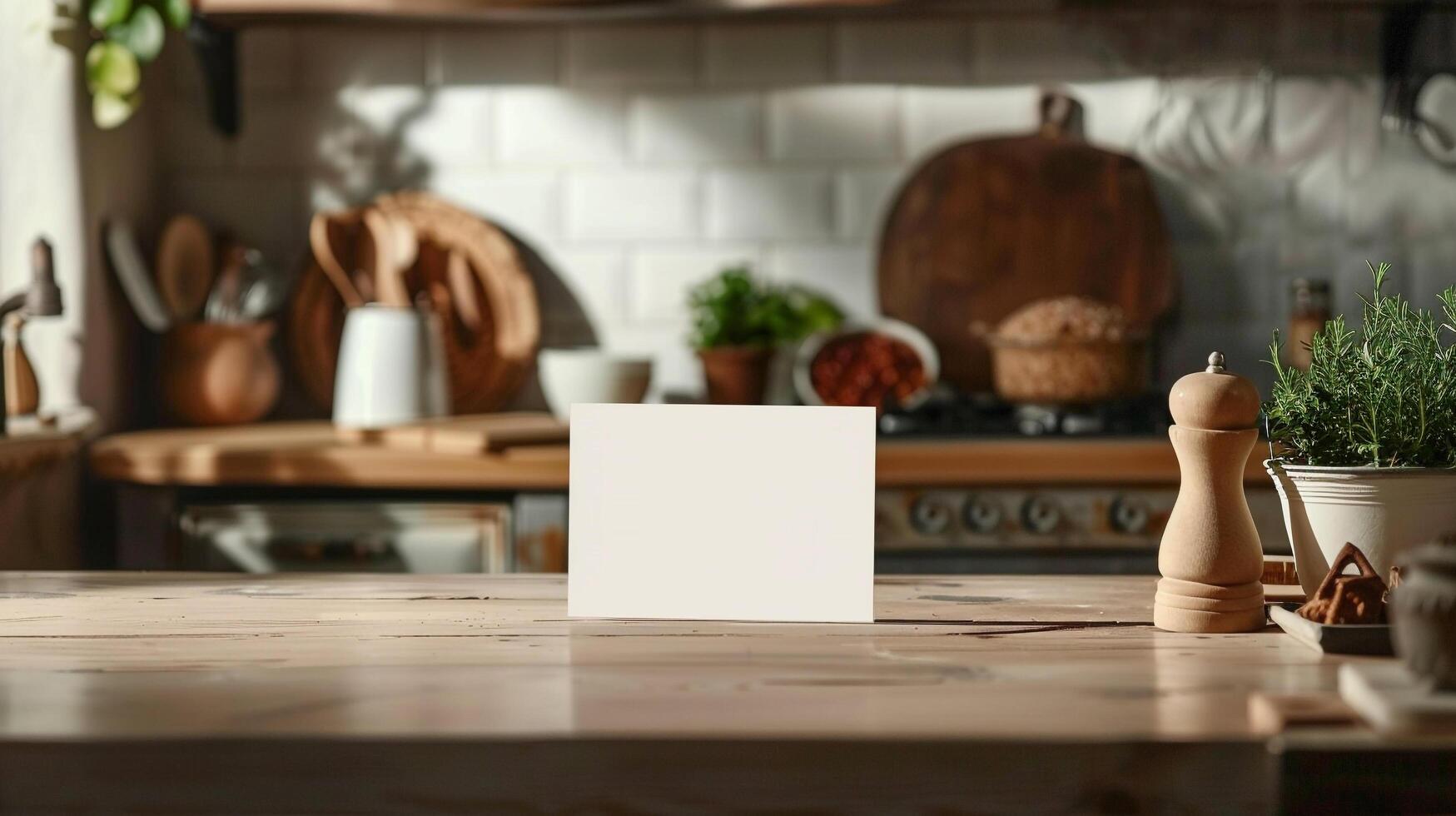 cooking show set with blank recipe card mockup for cooking demonstrations photo