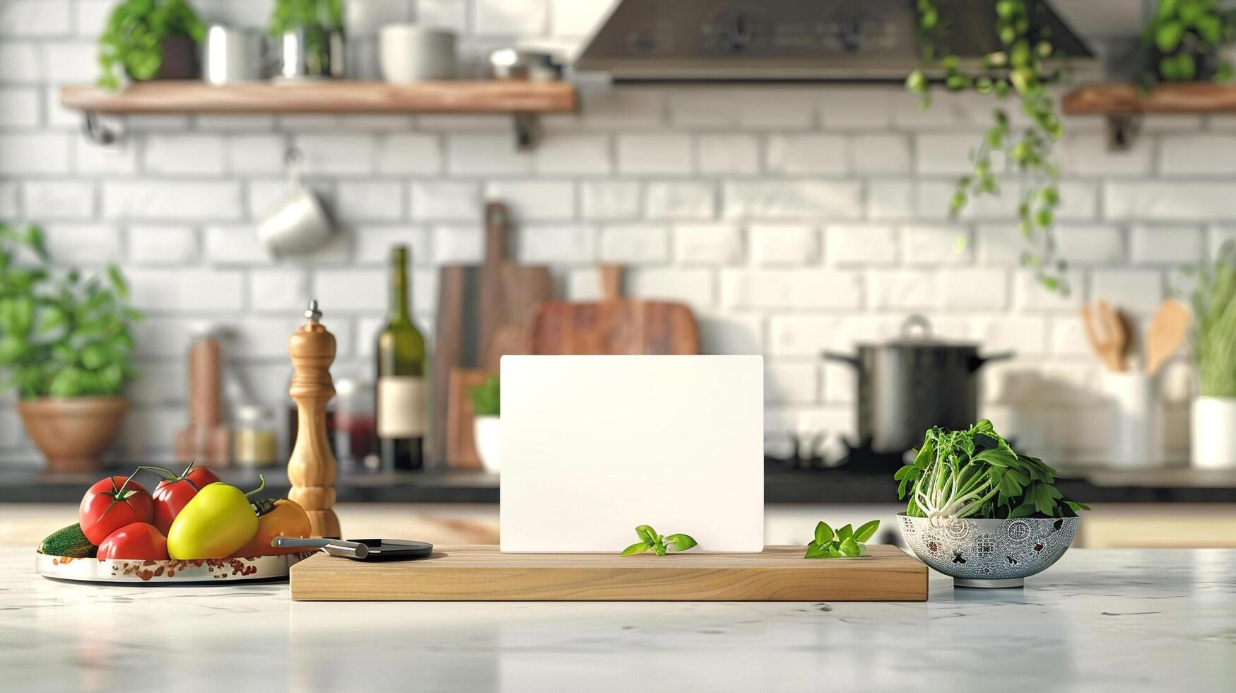 cooking show set with blank recipe card mockup for cooking demonstrations photo