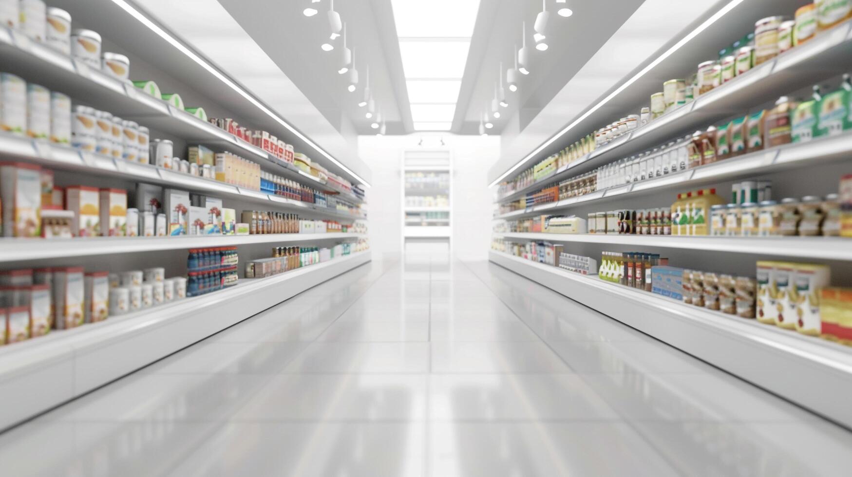 Grocery store aisle with blank product label mockup for grocery items photo