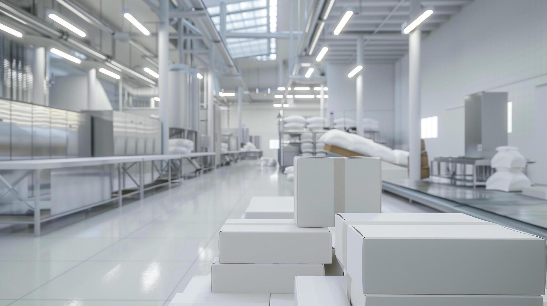 Food packaging in factory with mockups for packaged foods photo