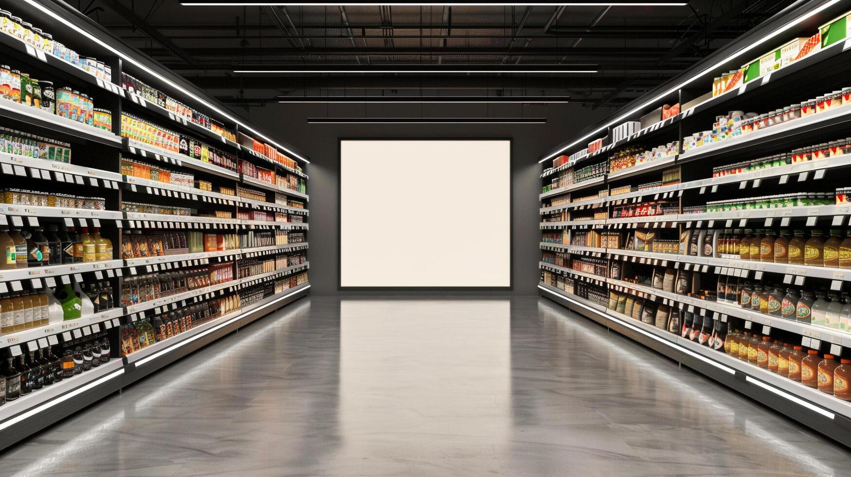 Grocery store aisle with blank product label mockup for grocery items photo