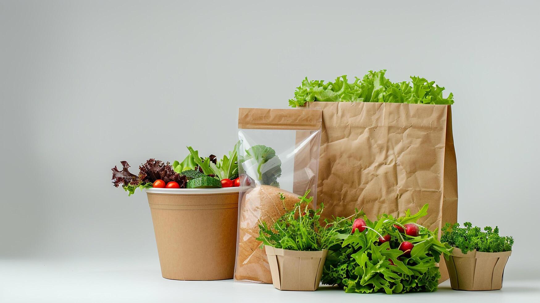 Food delivery service with blank delivery bag and packaging mockup for takeout orders photo