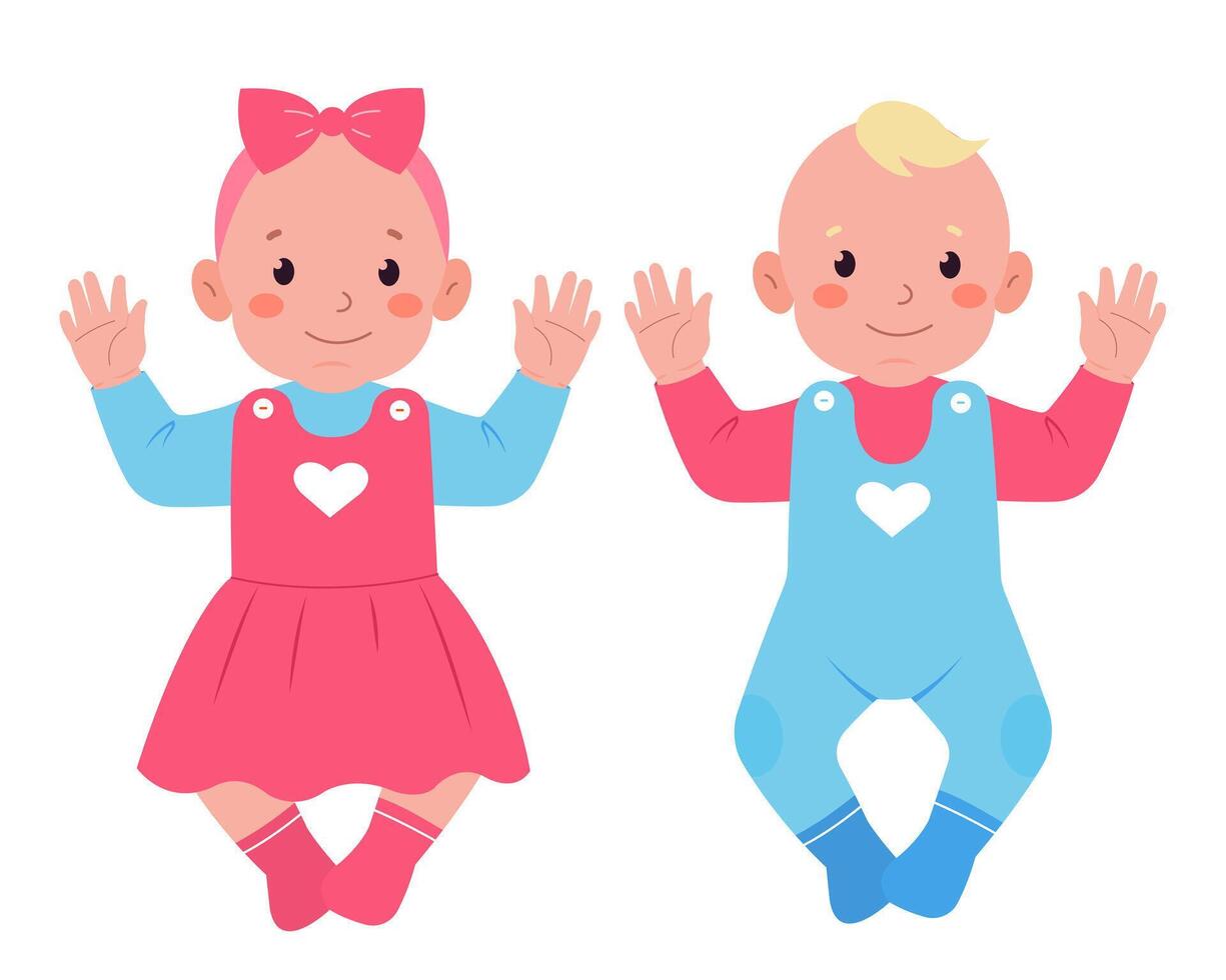 Cute baby girl in pink dress with bow on her head and baby boy in blue clothes vector