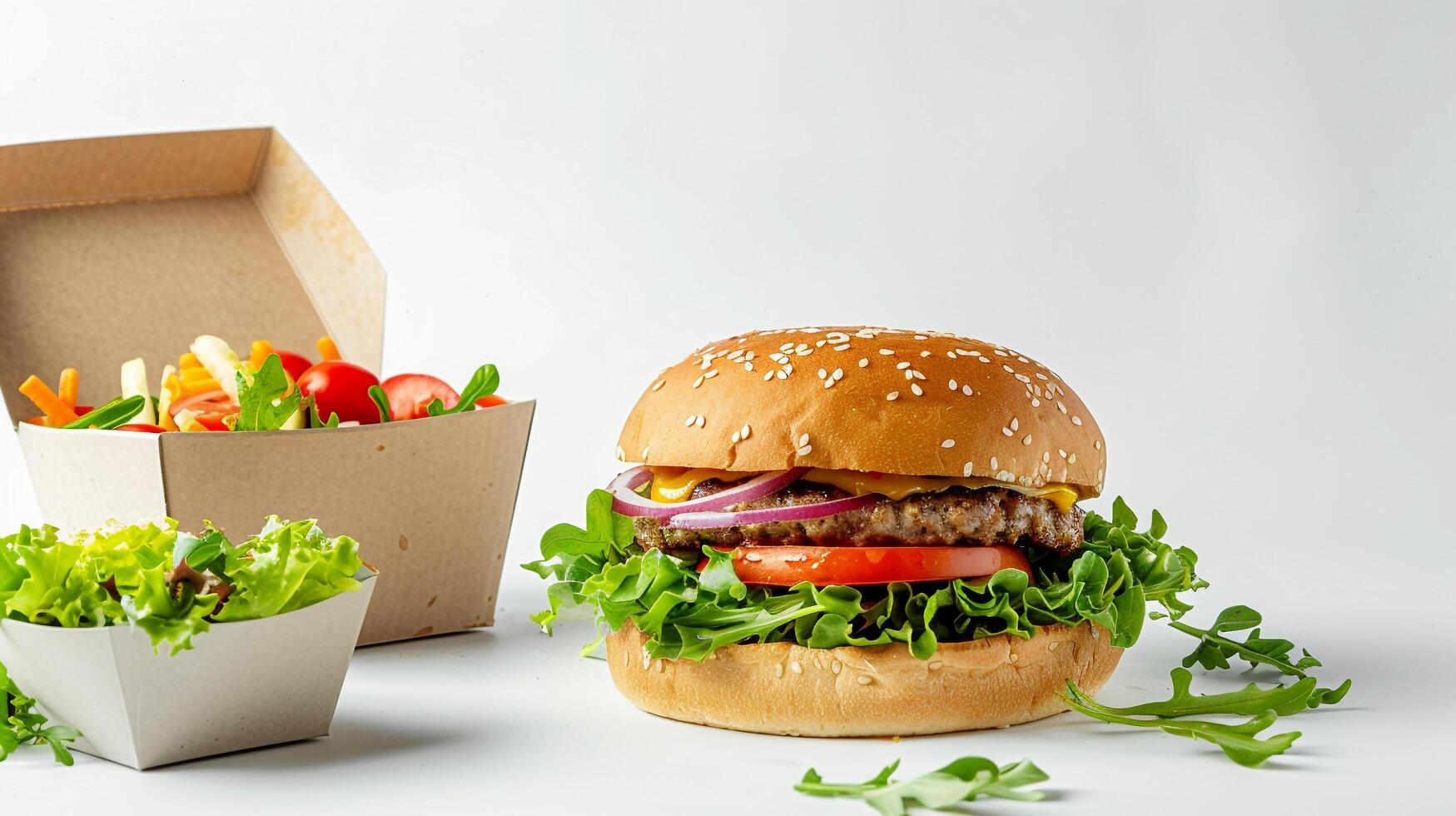 Delicious burger and fresh vegetable in packaging mockup for takeout orders photo