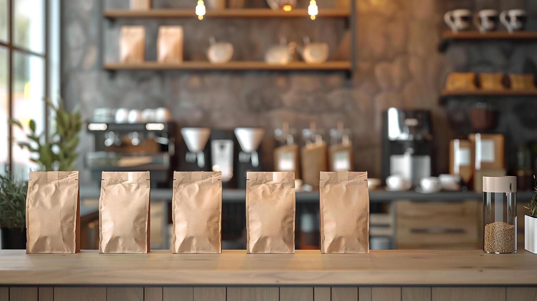 Coffee shop display with blank coffee bag mockup for whole bean coffee in the cafe background photo