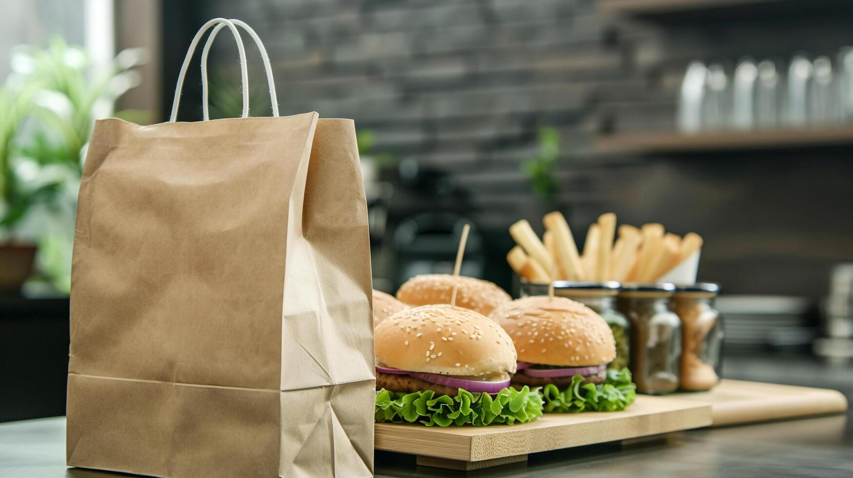 Food delivery service with blank delivery bag mockup for takeout orders photo