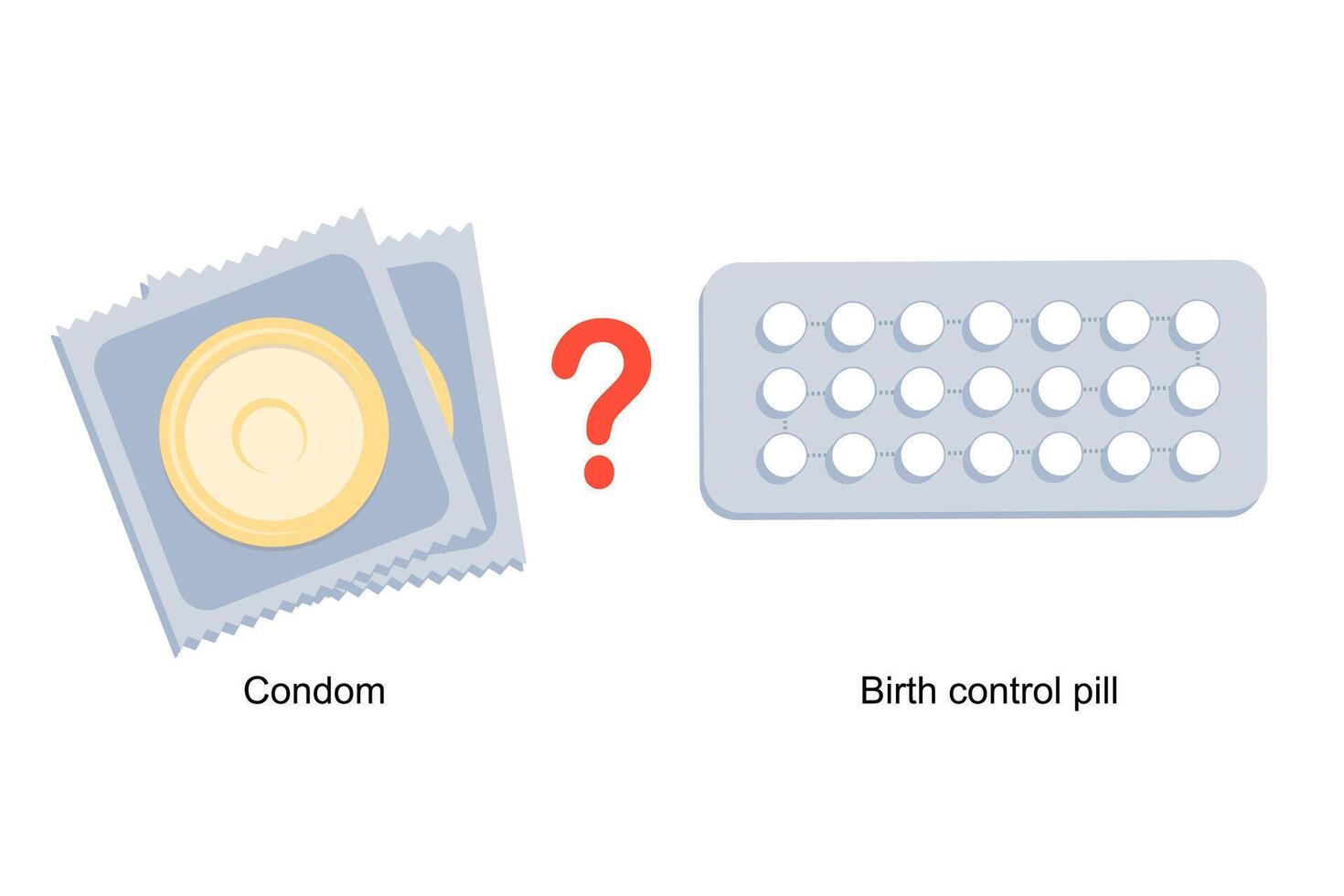 Choosing contraception. Contraceptive pills or condom. Concept of birth control vector