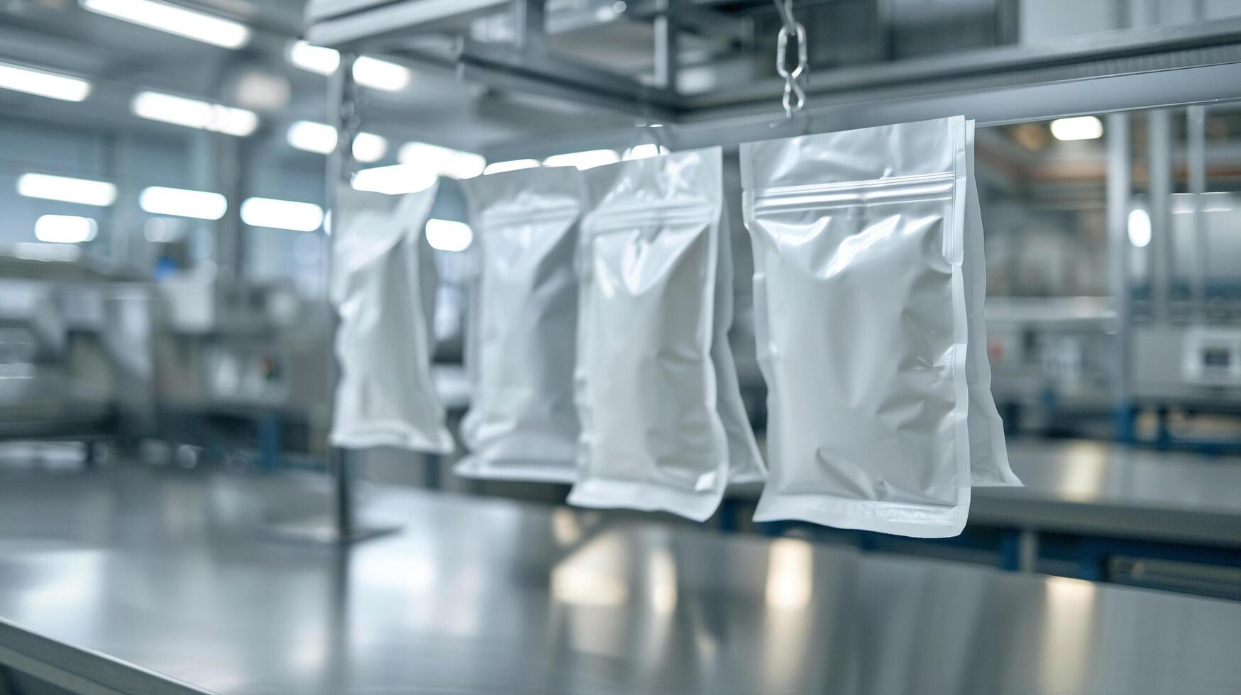 Food packaging factory with blank pouch mockups for vacuum-sealed products photo