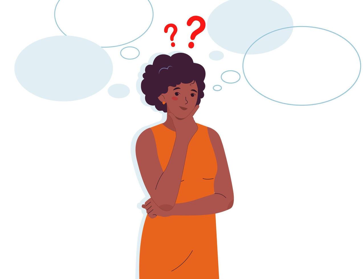 Beautiful african american woman thinks. Woman with question marks and with blank speech bubbles vector