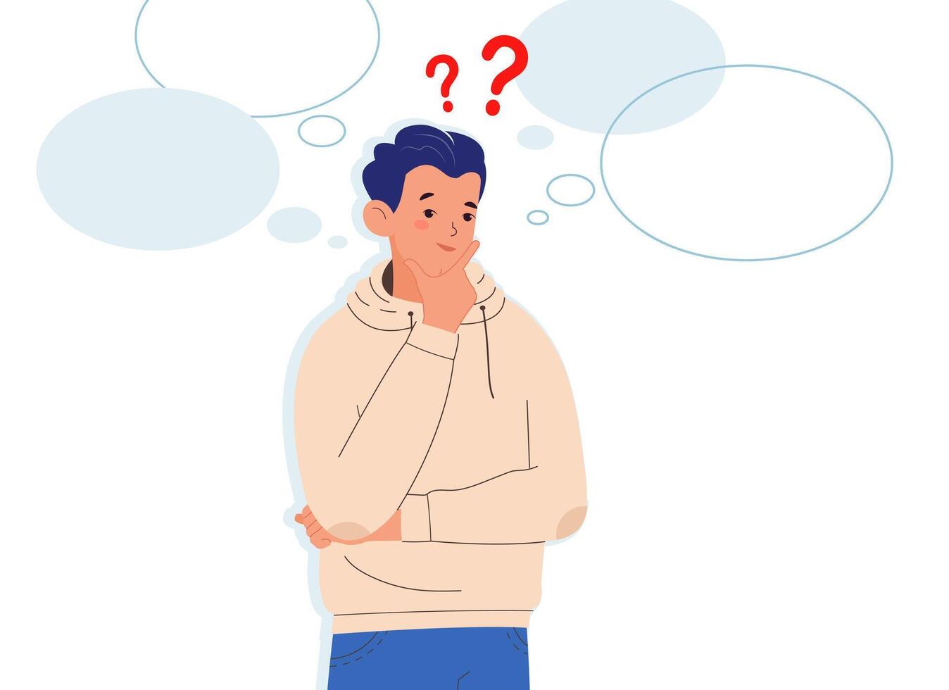 Young man thinks. Man with question marks and with blank speech bubbles vector