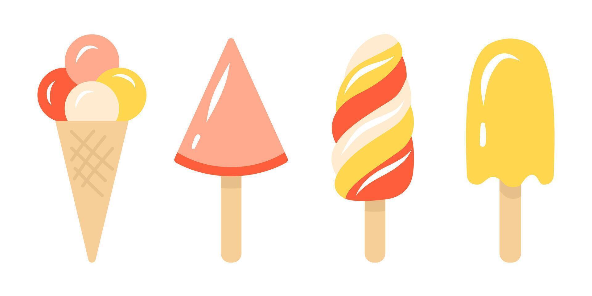 Pink, yellow and red ice creams set illustration in flat style. vector
