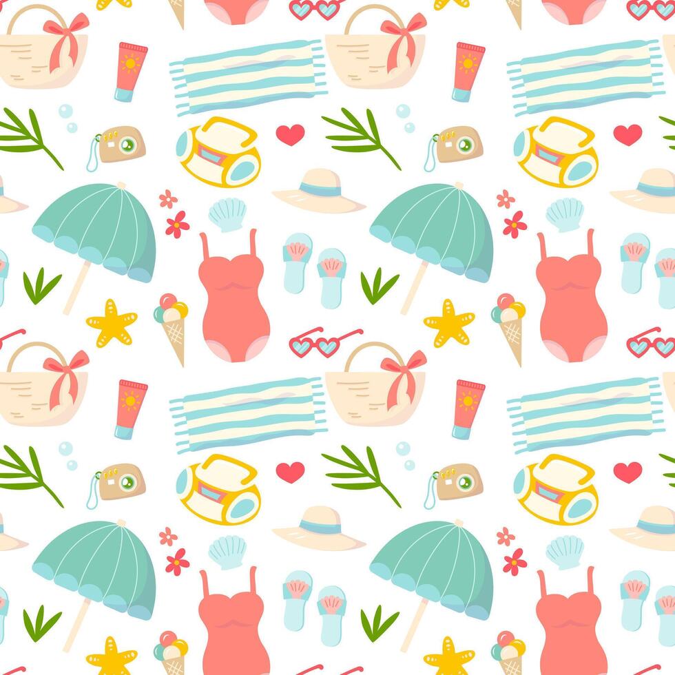 Summer beach holiday elements pattern for print, fabric, textile, wrapping paper. vector
