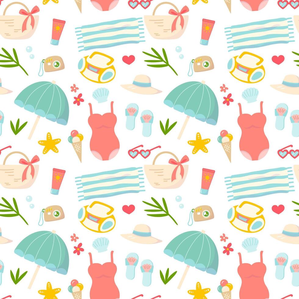 Summer beach holiday elements pattern for print, fabric, textile, wrapping paper. vector