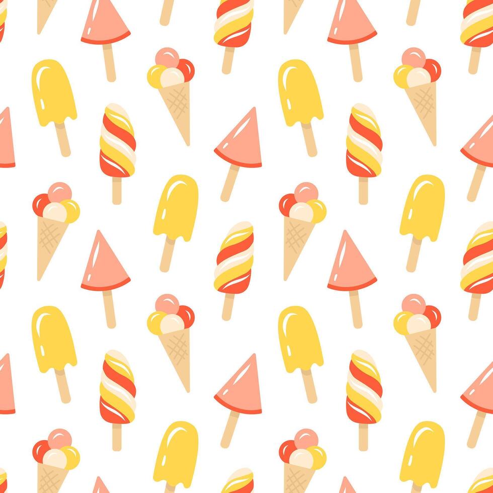 Pink, yellow and red ice creams seamless pattern. Summer beach background for print, fabric, textile, wrapping paper. vector