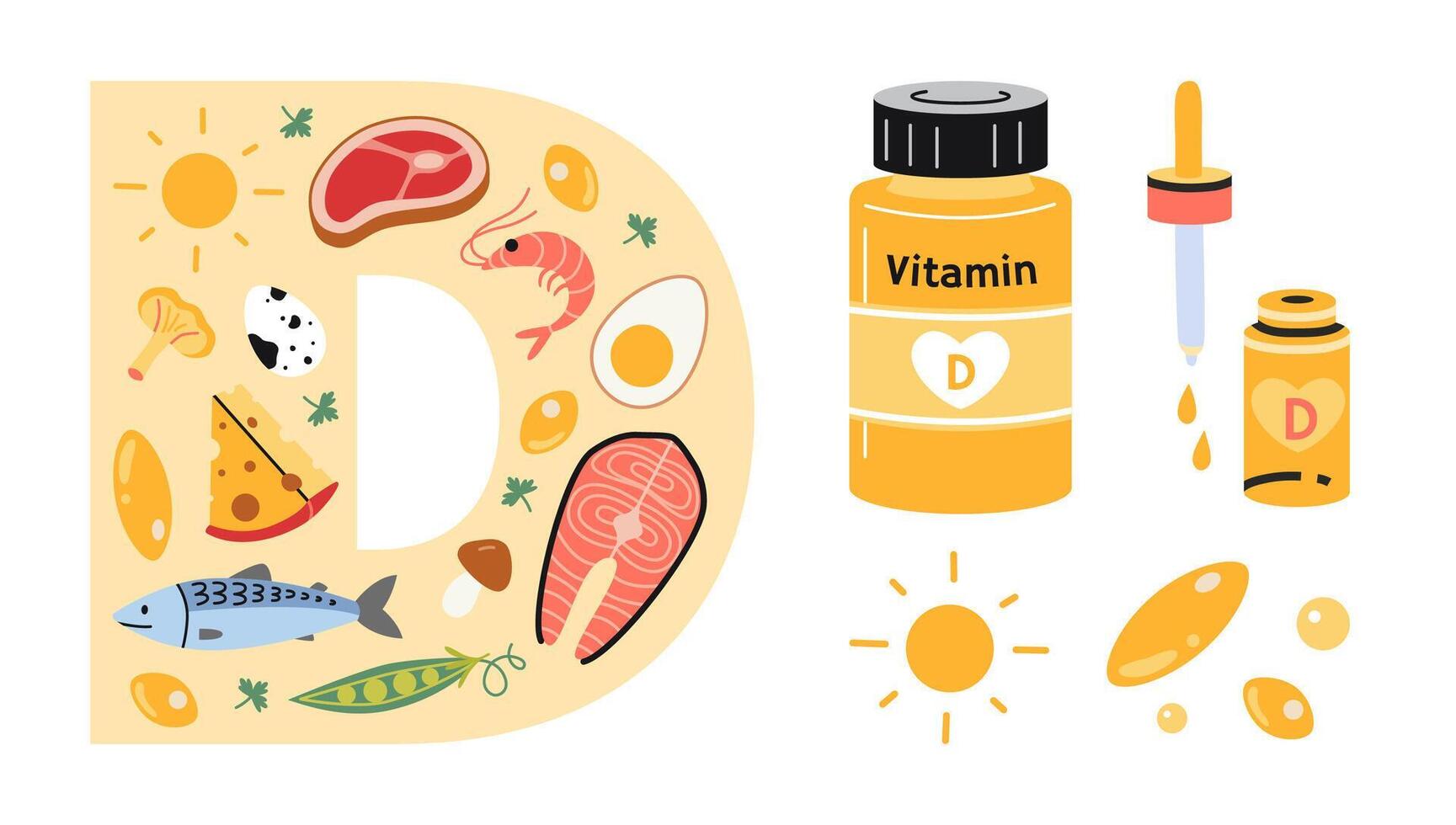Vitamin D sources set with food rich in it, tablets, capsules and drops. Sea food, fish, meat, dairy products, eggs, vegetabless and pharmacy products. Isolated cartoon illustration, flat vector