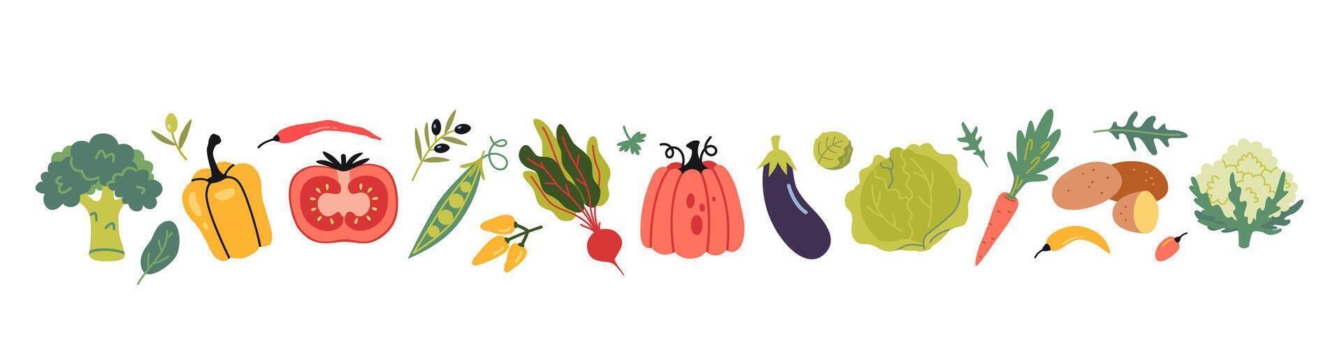 Vegetables set in cartoon style. Healthy eating, fresh food, Collection of farm products. Trendy modern illustration isolated on white background, hand drawn, flat design vector