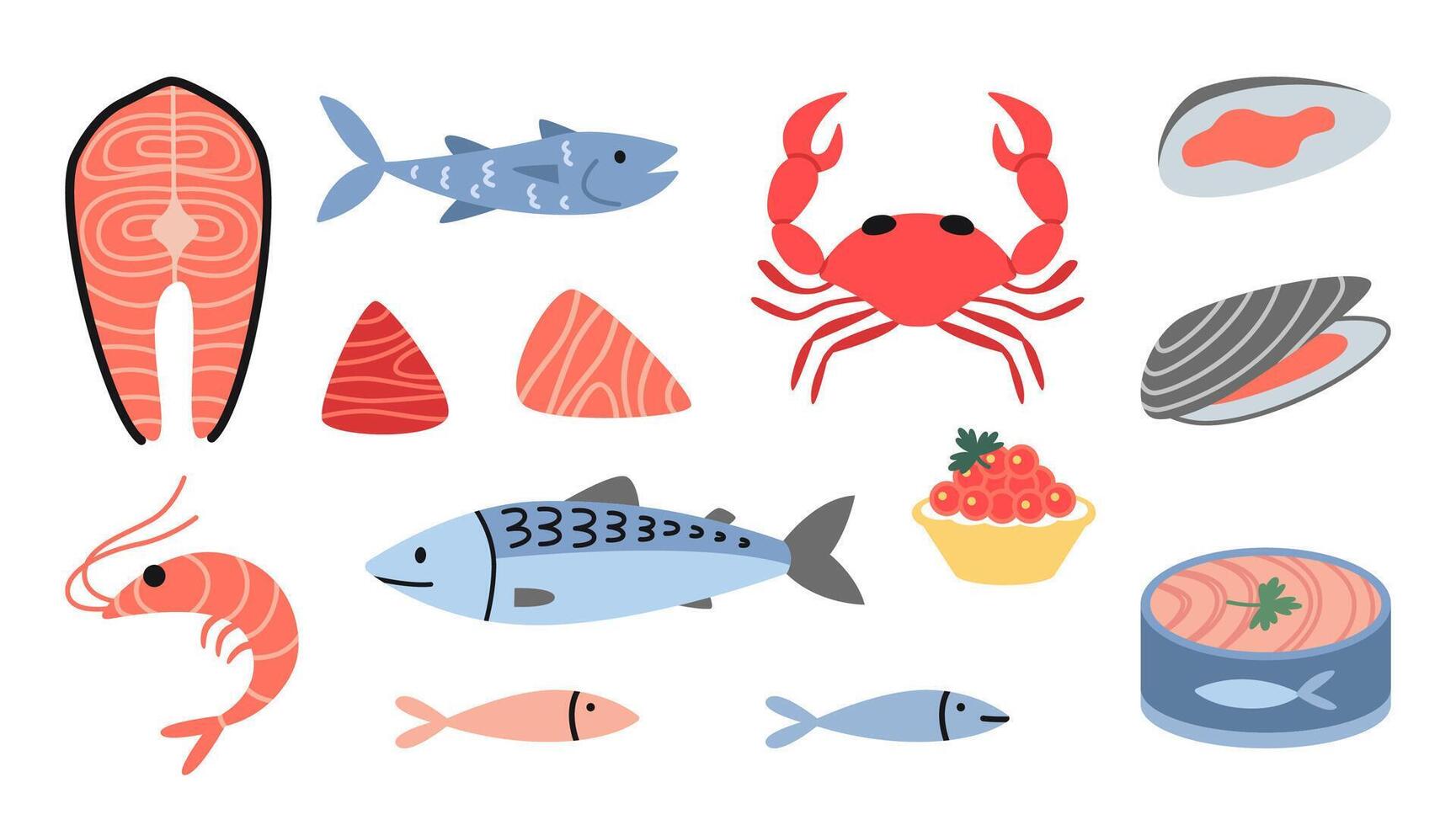 Seafood set, cartoon style. Marine animal like salmon, tuna, shrimp, crab and mussel. Fresh fish, canned food, meat and steaks. Trendy illustration isolated on white, hand drawn, flat design vector