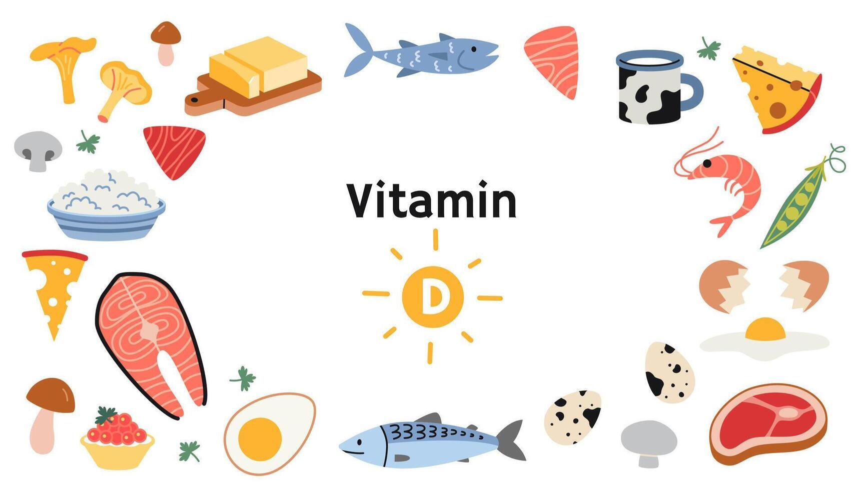 Frame with Best sources of vitamin D foods, cartoon style. Sea food, fish, meat, dairy products, eggs and vegetables set. Isolated illustration, hand drawn, flat design vector