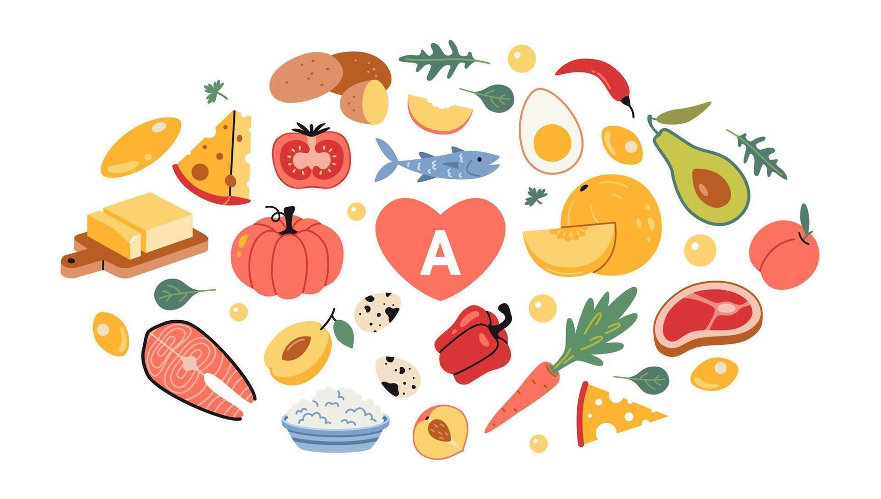 Set with Best sources of vitamin A foods, cartoon style. Fruits, vegetables, fish, meat, dairy products and eggs. Isolated illustration, hand drawn, flat design vector